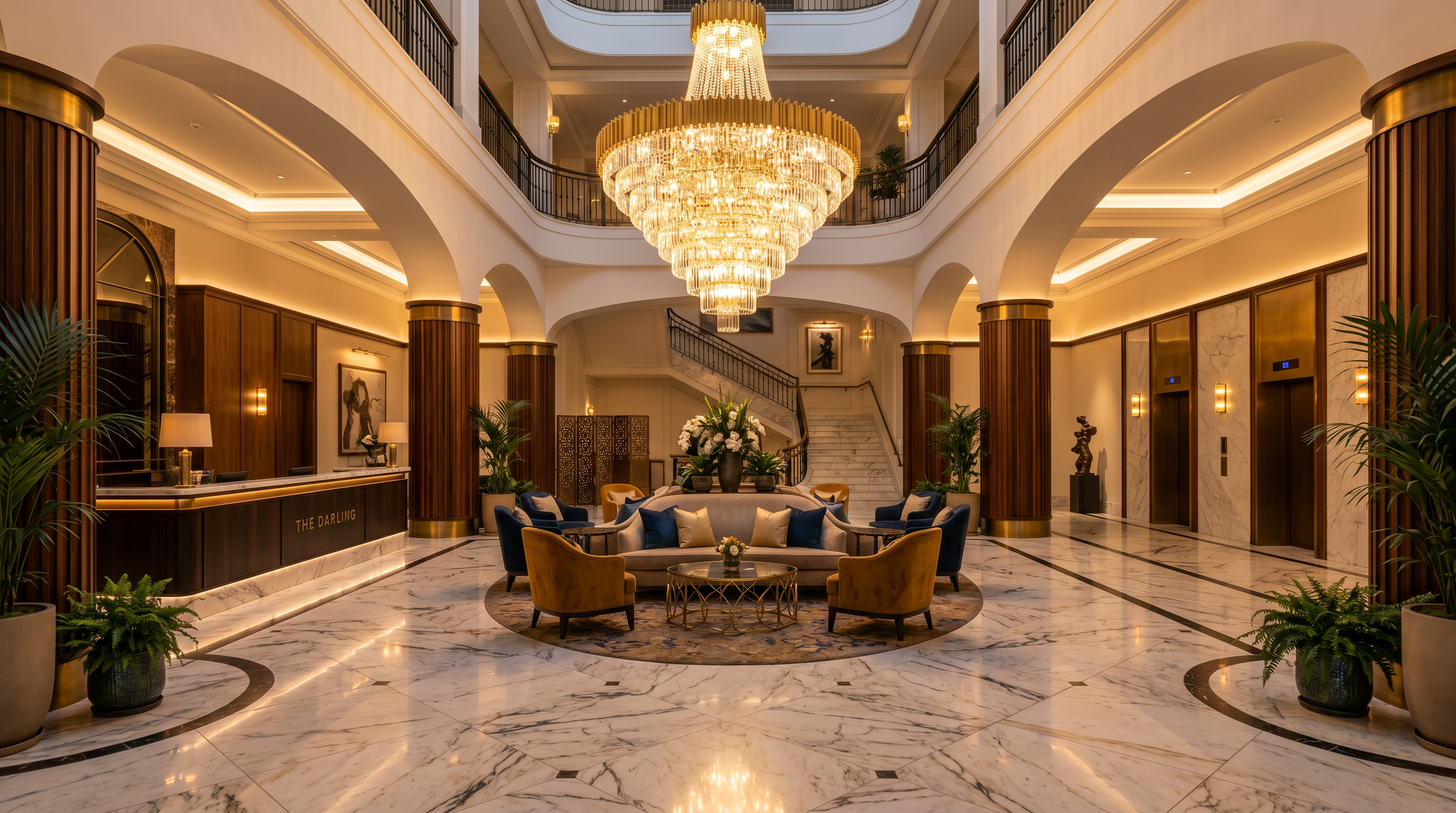 Opulent hotel lobby with marble floors and grand chandelier